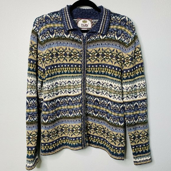 Tiara International Sweaters - Tiara Blue Full Zip Fair Isle Granny Cardigan